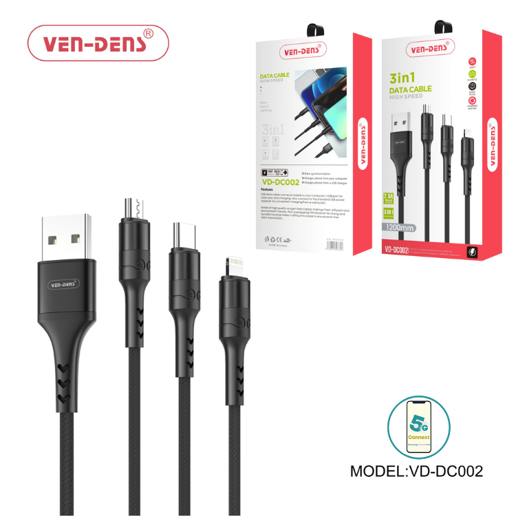 3 In 1 USB to Type C Lightning and Micro Charging Cable Black (1.2 Metre)
