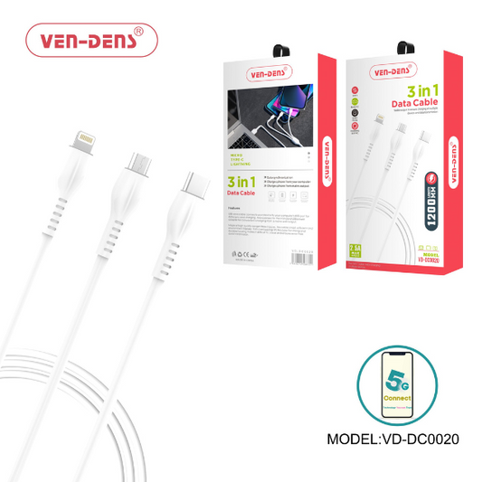 3 In 1 USB to Type C Lightning and Micro Charging Cable 2.5A(1.2 Meter)