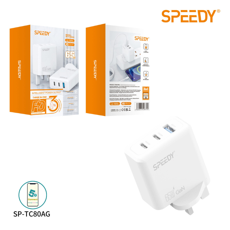 65W GaN Charger USB & Type-C 3 in 1 Multi Port Charger Plug