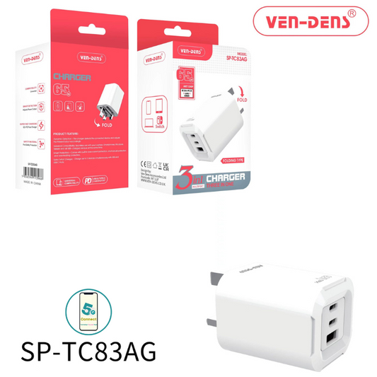 65W GaN Charger USB & Type-C 3 in 1 Multi Port Charger Folding Plug
