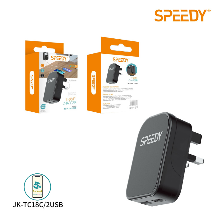 Foldable Travel Charger with Dual Output (JK-TC18C/2USB ) Black