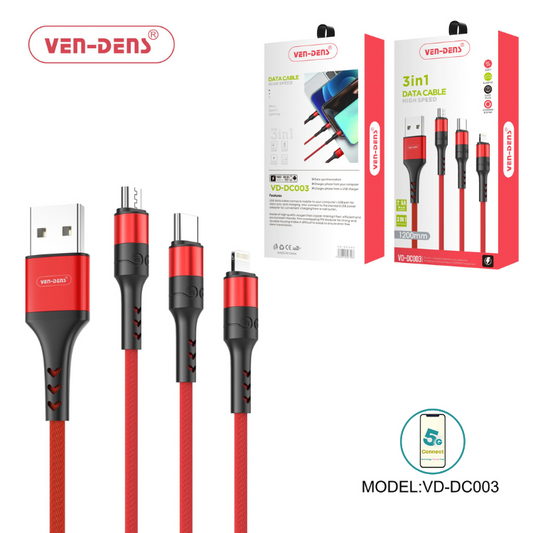 3 In 1 USB to Type C Lightning and Micro Charging Cable RED (1.2 Metre)