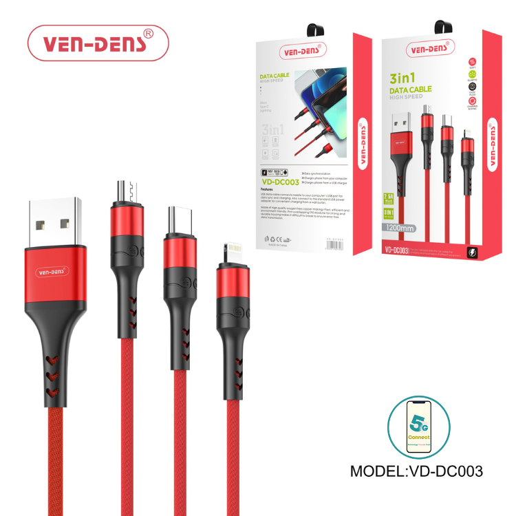 3 In 1 USB to Type C Lightning and Micro Charging Cable RED (1.2 Metre)