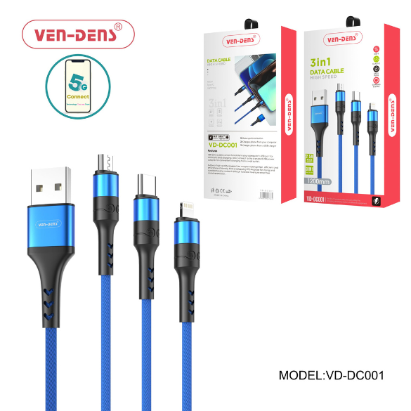 3 In 1 USB to Type C Lightning and Micro Charging Cable BLUE (1.2 Metre)