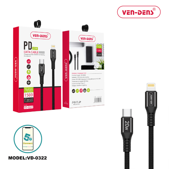 Type C to Lightning Charging Cable 20W Nylon Black (1.5 Metre)