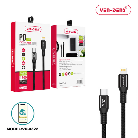 Type C to Lightning Charging Cable 20W Nylon Black (1.5 Metre)