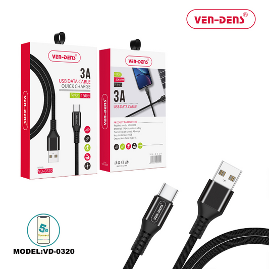 USB to Type C Charging Cable 3A Nylon Cable Black (1.5 Metre)