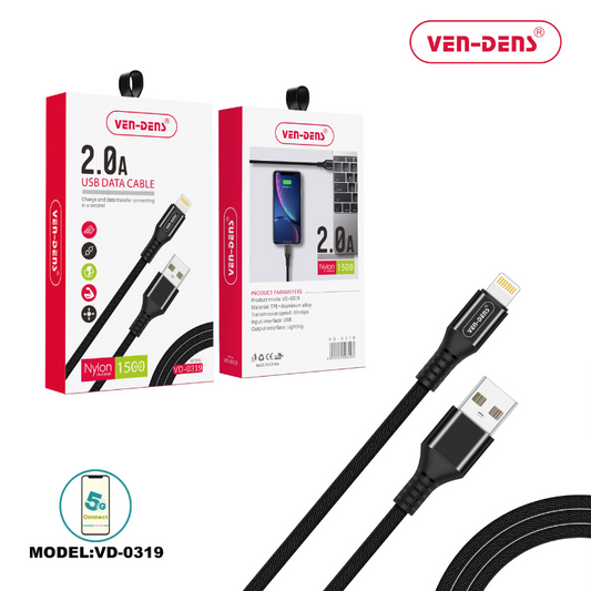 USB to Lightning Fast Charging Cable 2A Nylon Cable Black (1.5 Metre)